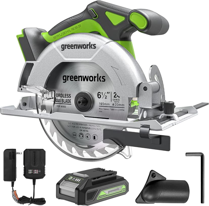 Greenworks 24V Circular Saw,Brushless 6-1/2"Battery Circular saw Cordless,4,800 RPM,Adjustable Cutting Depth 45°/90°,With 24V 2Ah Battery and Charger