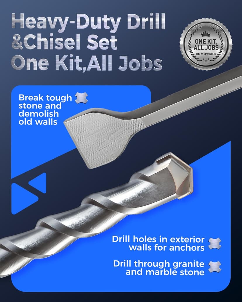 COMOWARE Rotary Hammer Drill Bits Set & Chisels- SDS Plus Concrete Masonry Hole Tool 17pcs with Storage Case