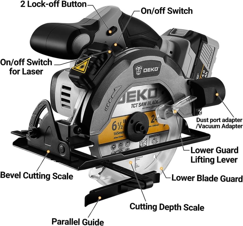 DEKOPRO 20V Cordless Circular Saw, 6-1/2-Inch Blade, 4500 RPM Circular Saw Cordless with 2 Battery and Charger( 4.0Ah )