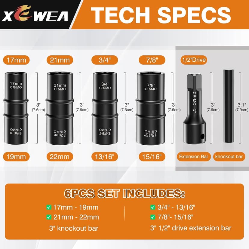 XEWEA 1/2" Drive 15PCS Lug Nut Remover and 6PCS Flip Impact Socket Set, Wheel Lock Removal Kit, Thin Wall Nut Sockets Easy Out Extractor Set for Damaged, Frozen, Rusted, Rounded-Off Bolts