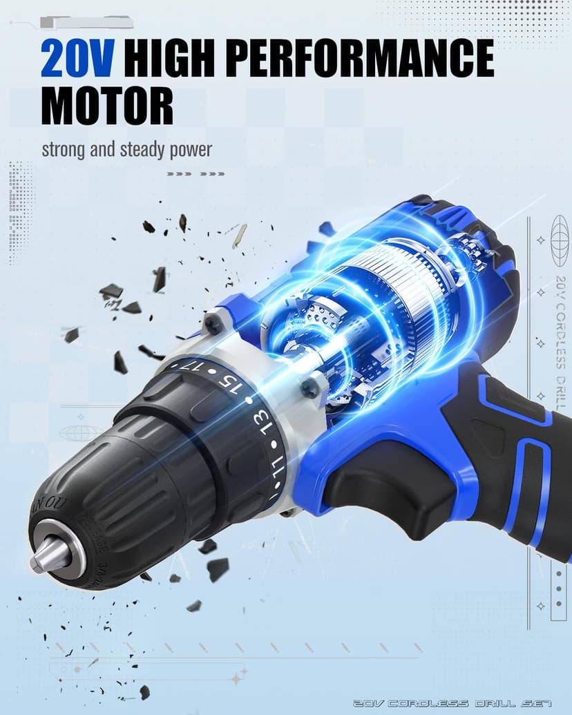 AVID POWER 20V MAX Power Drill Kit, Cordless Drill Set with Battery and Charger, 2 Variable Speed, 3/8-Inch Keyless Chuck, 19 Position and 22pcs Bits - Blue