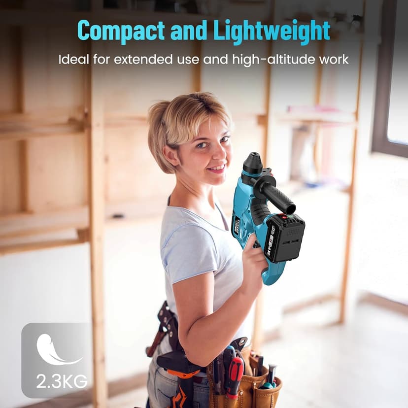 Seesii 21V Cordless Rotary Hammer Drill, 2x4.0Ah Battery Power Hammer with SDS-Plus Change Adapter Including 3 Drill Bits, Flat/Point Chisels Lightweight Electric Hammer Drill for DIY Projects