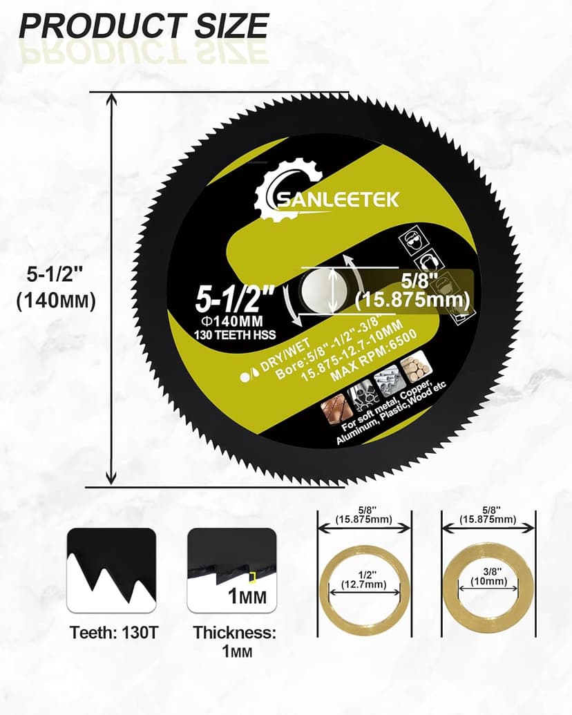 HSS Circular Saw Blade 5-1/2 Inch 130 Tooth SANLEETEK Cutting Plywood, OSB, Paneling, Vinyl Siding, Non-Ferrous Metals, Plastic, Copper, Aluminum with 5/8" Arbor, with 1/2" 3/8" Washer - 3 Pack