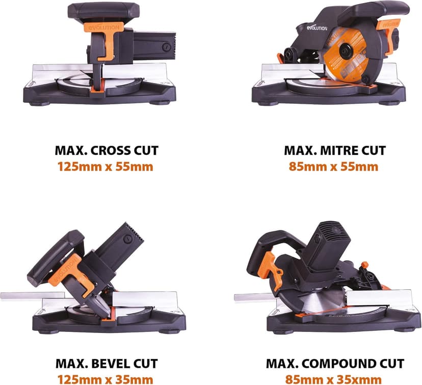 Evolution Power Tools R210CMS Compound Miter Saw, 8-1/4" Multi-Material Cutting TCT Blade Included Cuts Wood Metal Plastic & More, 45° - 45° Degree Miter & 45˚ Degree Bevel Angles, 1200W, 8-1/4"