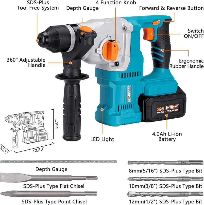 Berserker 20V Cordless 1-1/8" Rotary Hammer Drill SDS-Plus Brushless Motor with Safety Clutch, 4.0Ah Lithium-Ion Battery Powered, 3.0A Fast Charger, 4 Modes Variable Speed Rotomartillo for Concrete