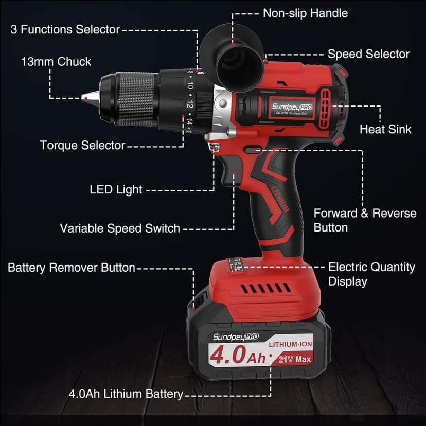 1060In·lbs Cordless Drill Driver - 20+3 Torque Brushless Hammer Drill with 2 x 4.0Ah Battery & Fast Charger - 21V Electric Power Drills Set with 2 Speeds & 1/2 Inch Self-locking Metal Chuck