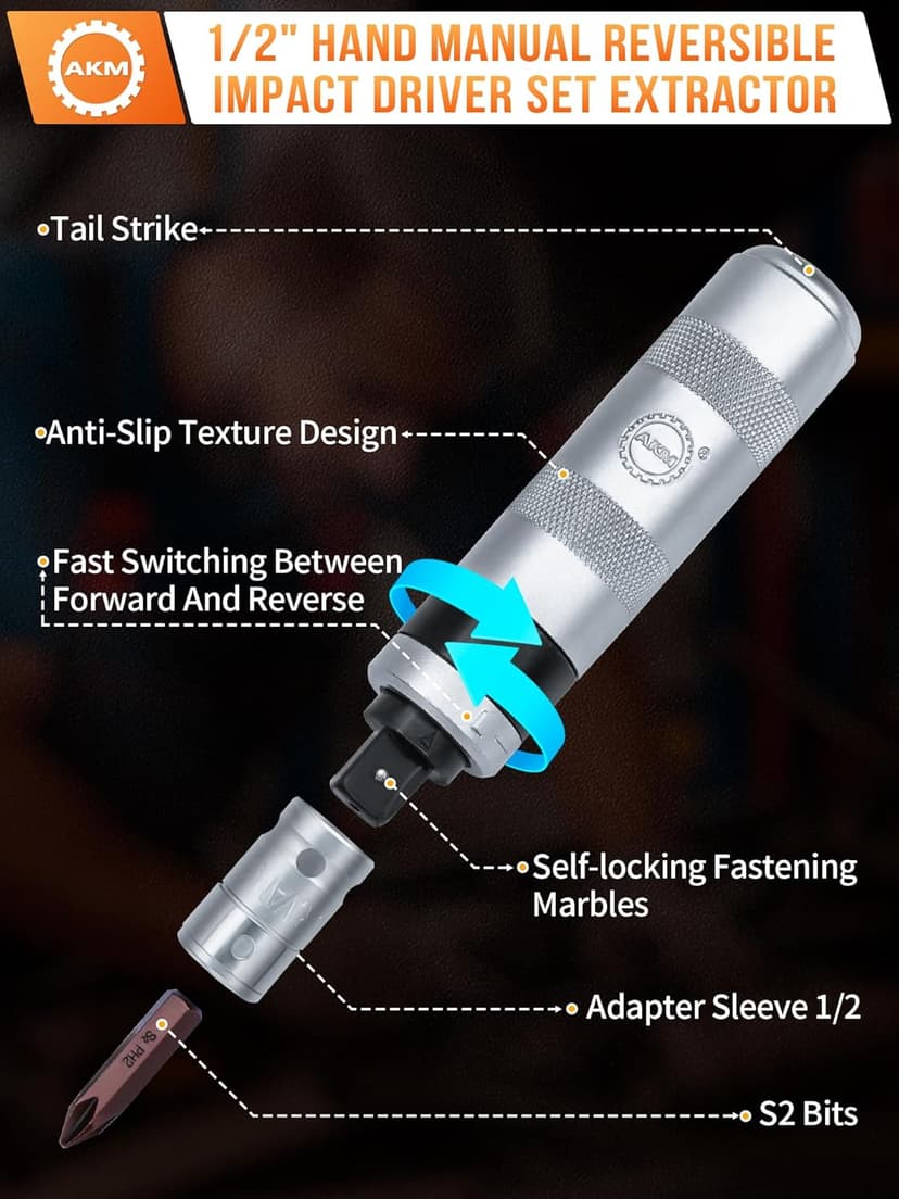 AKM 3/8" Hand Manual Reversible Impact Driver Set Extractor Impact Screwdriver S2 Steel Much More Durable Disengage Rusted Fasteners or Frozen Bolts