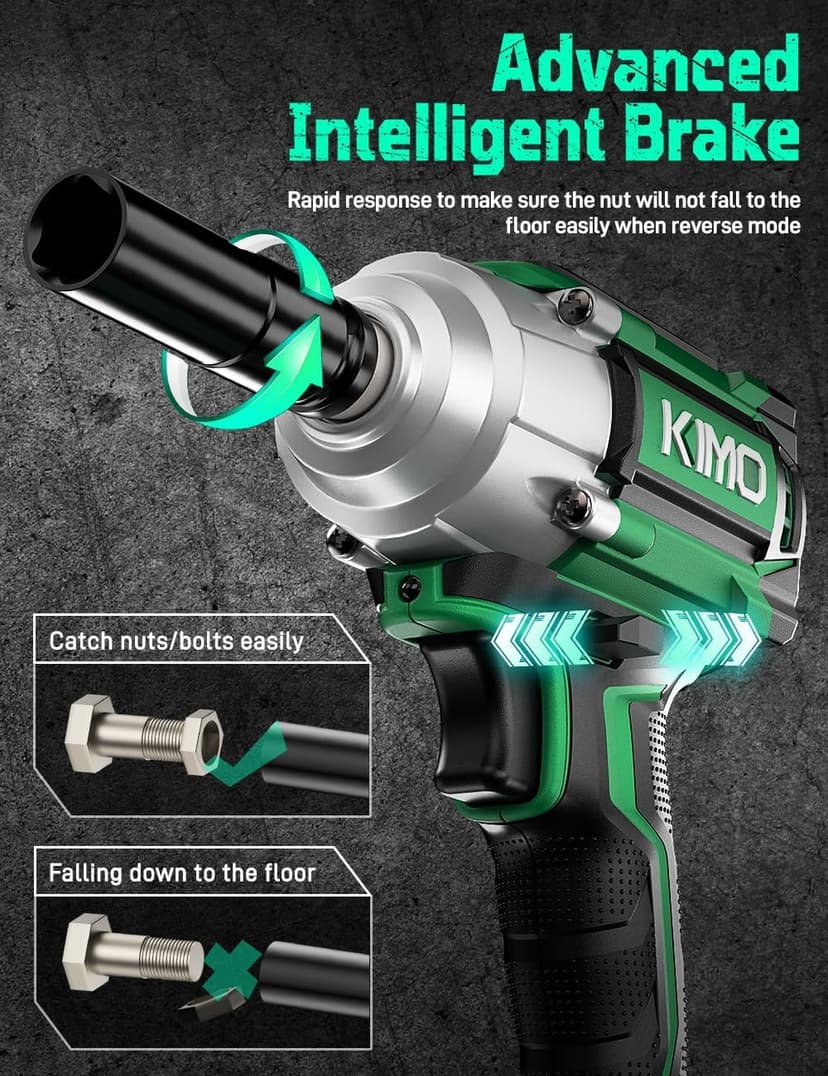 K I M O. Cordless Impact Wrench, Max Torque 406ft-lbs (550N.m) & 3000RPM, Premium Brake Stop, 1/2 lmpact Gun with 3000mAh Li-ion Battery, 7Drive lmpact Sockets, Fast Charger Impact Drill for Car Tires