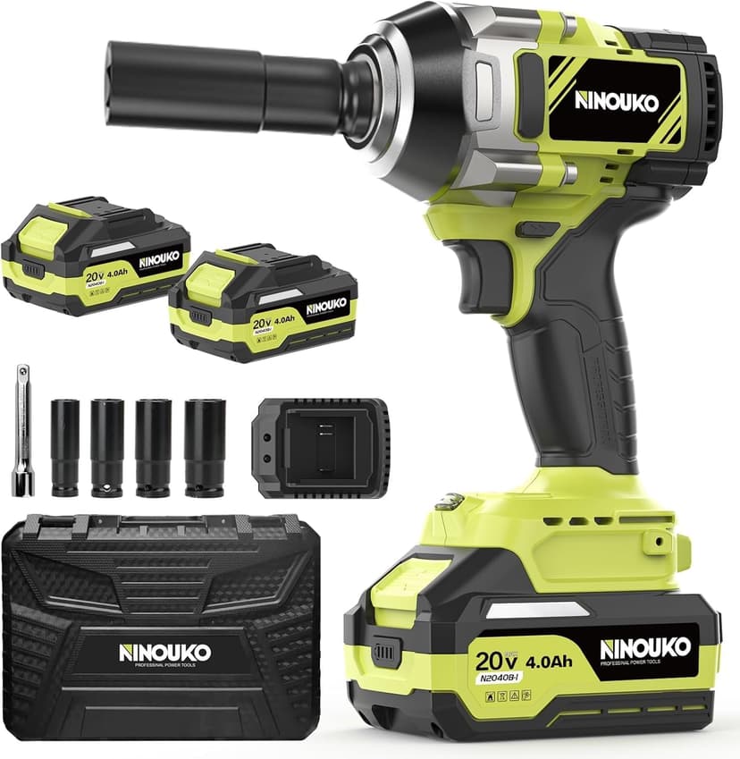 1/2 inch Impact Wrench 1000N.m (740 ft-lbs) with 2 x 4.0Ah Battery and Charger, Brushless Electirc Impact Driver Bsttery Powered High Torque Impact Gun for Home, Car, and Truck Use