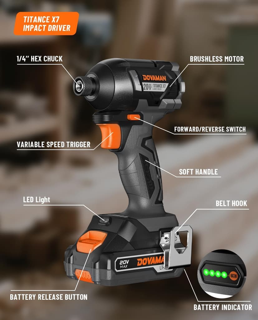 TITANCE X7 20V Cordless Impact Driver, 1/4'' Hex Compact Brushless Driver Kit with 1,770 In-lbs Torque, Battery & Charger Included – Lightweight Electric Screwdriver for Wood, Metal & Auto Repair