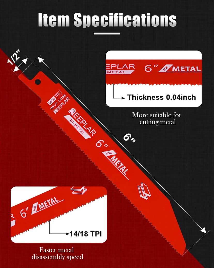 10 Pack 6 inch 14/18 TPI Bi-Metal Auto Dismantling Sawzall Blade for Metal, 6” 18-TPI Reciprocating Saw Blades
