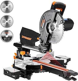 Updated 10-Inch Sliding Miter Saw, Multi-Material Cutting w/ 3 x TCT Blades, Ambidextrous Operation, 5000/3200RPM Speed, Laser Guide, 0-45° Bevel Cut, Max Cut 3.5x13.4in, 9 Positive Stops