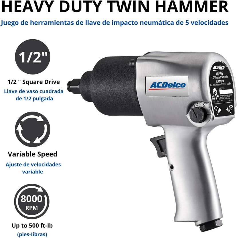ACDelco ANI405A Heavy Duty Twin Hammer ½” 500 ft-lbs. 5-Speed Pneumatic Impact Wrench Tool Kit