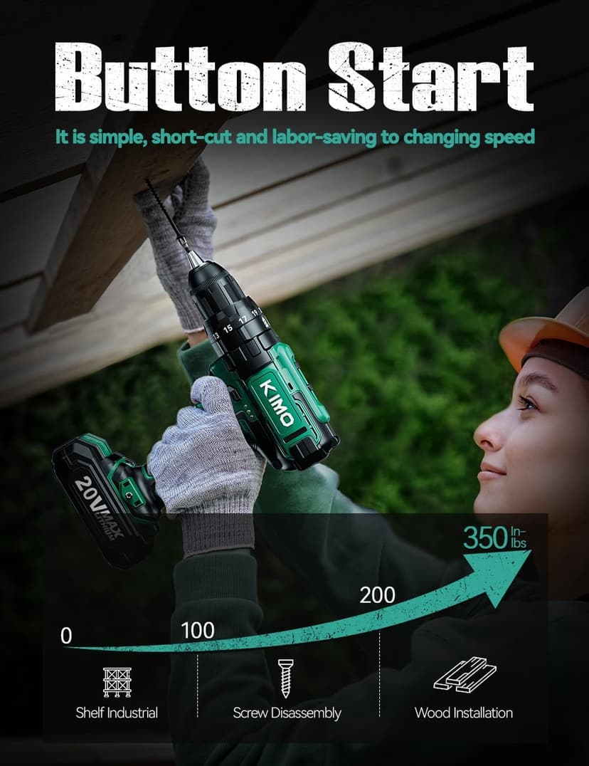 KIMO Hammer Drill - 20V 2X Battery Hammer Drill Cordless Drill Set, 350 In-lb Torque, 3/8" Keyless Chuck, 1350 RPM, 21+3 Position,14pcs Drill/Driver Bits, Power Drill Drivers for Concrete Brick Wall