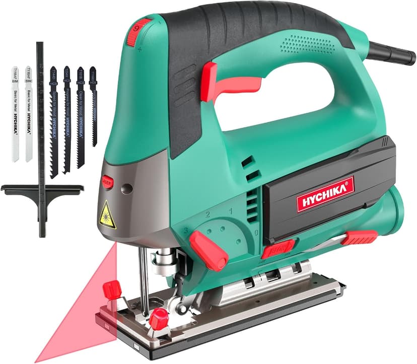 HYCHIKA Jig saw, 6.7A Jig Saw 800-3000SPM with 6 Variable Speeds, 4 Orbital Sets, Bevel Angle 45°, 6PCS Blades, Pure Copper Motor, Laser Guide, Wood Metal Plastic Cutting
