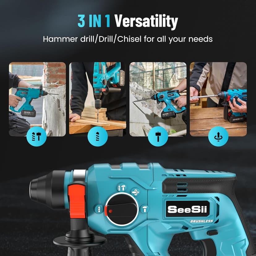Seesii 21V Cordless Rotary Hammer Drill, 2x4.0Ah Battery Power Hammer with SDS-Plus Change Adapter Including 3 Drill Bits, Flat/Point Chisels Lightweight Electric Hammer Drill for DIY Projects