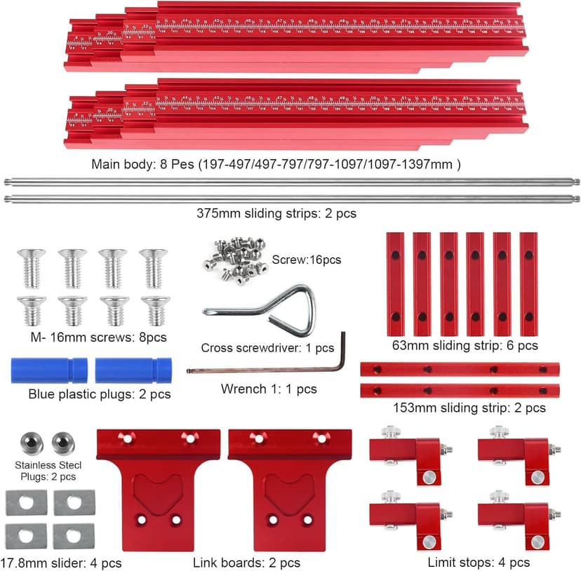 Updated Version Parallel Rail Guide System, Woodworking Track Saw Guide Rail Joining Set Aluminium Alloy Circular Saw Track Set Fixed Guide Rail Bracket Universal T-Track Auxiliary Tool (Red)