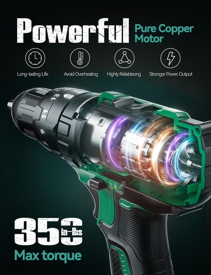 KIMO Hammer Drill - 20V 2X Battery Hammer Drill Cordless Drill Set, 350 In-lb Torque, 3/8" Keyless Chuck, 1350 RPM, 21+3 Position,14pcs Drill/Driver Bits, Power Drill Drivers for Concrete Brick Wall