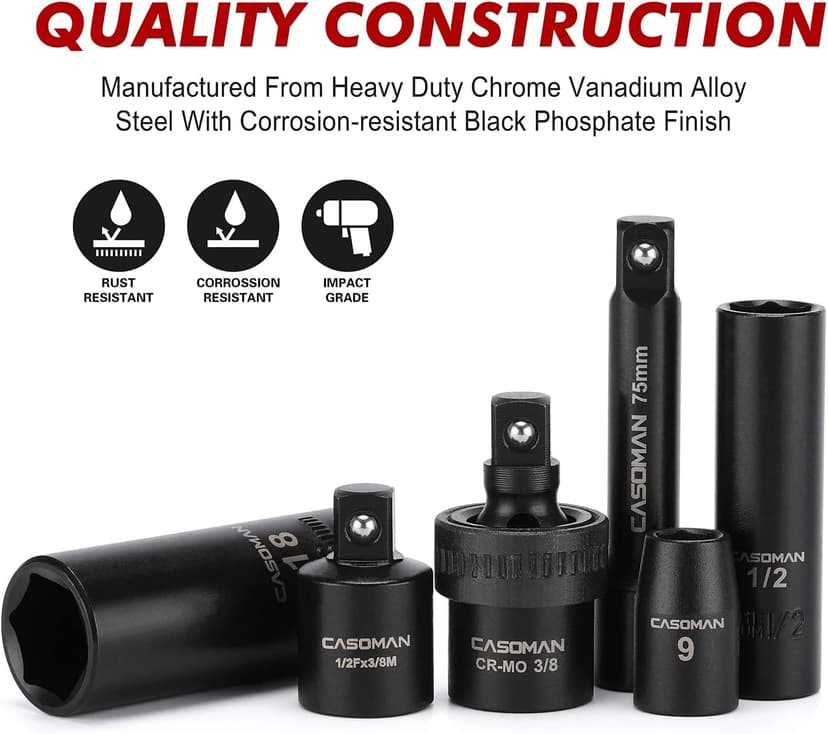CASOMAN 3/8" Drive Impact Socket Set, 49 Piece Standard SAE and Metric Sizes (5/16-Inch to 3/4-Inch and 8-22 mm), 6 Point, Cr-V Steel Socket Set