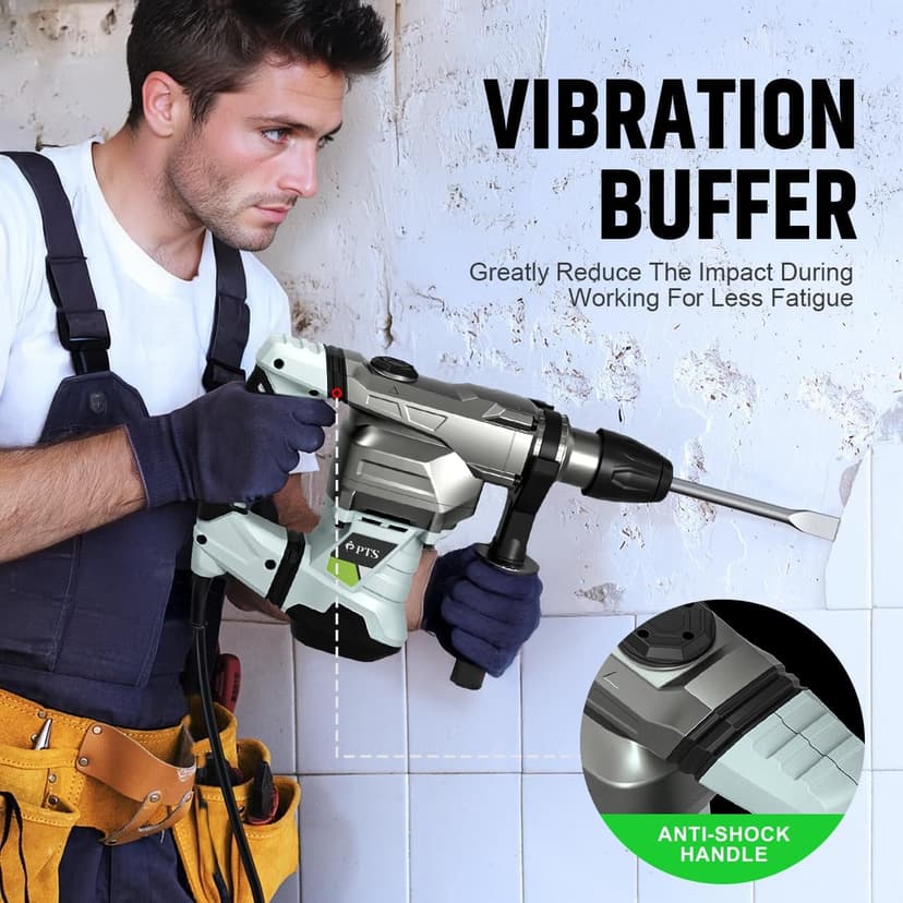 PTS 1-9/16 Inch SDS-Max Rotary Hammer, 13.5 Amp Heavy Duty 3 Functions Corded Concrete Demolition Hammer, w/Vibration Control & Safety Clutch, Includes Drill Bits, Chisels, Carrying Case (Green)