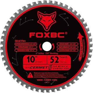 FOXBC 10 Inch Metal Steel Cutting Saw Blade 52 Teeth, 1" Arbor with 5/8" Bushing, Cermet Carbide Up to 5X Longer Life