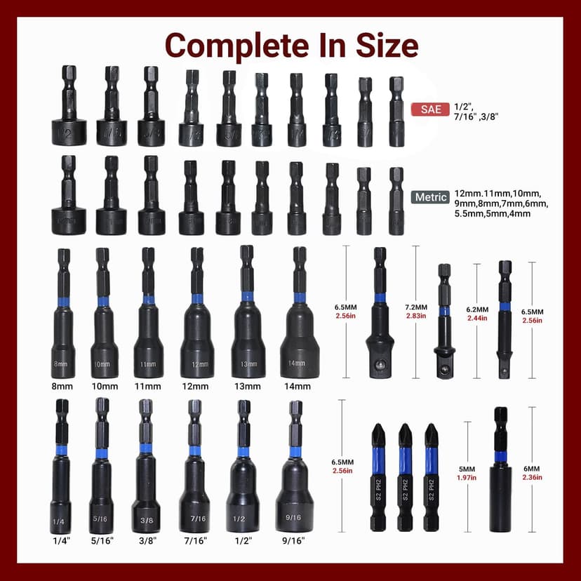 39-Piece Magnetic Nut Driver Set, Includes Metric & SAE Impact Driver Bit Set, Bit Extension & Drill Bit Adapter | 1/4" Hex Shank | Cr-V Steel, Screwdriver Bits, Bit Holder, Slotting Tool Box