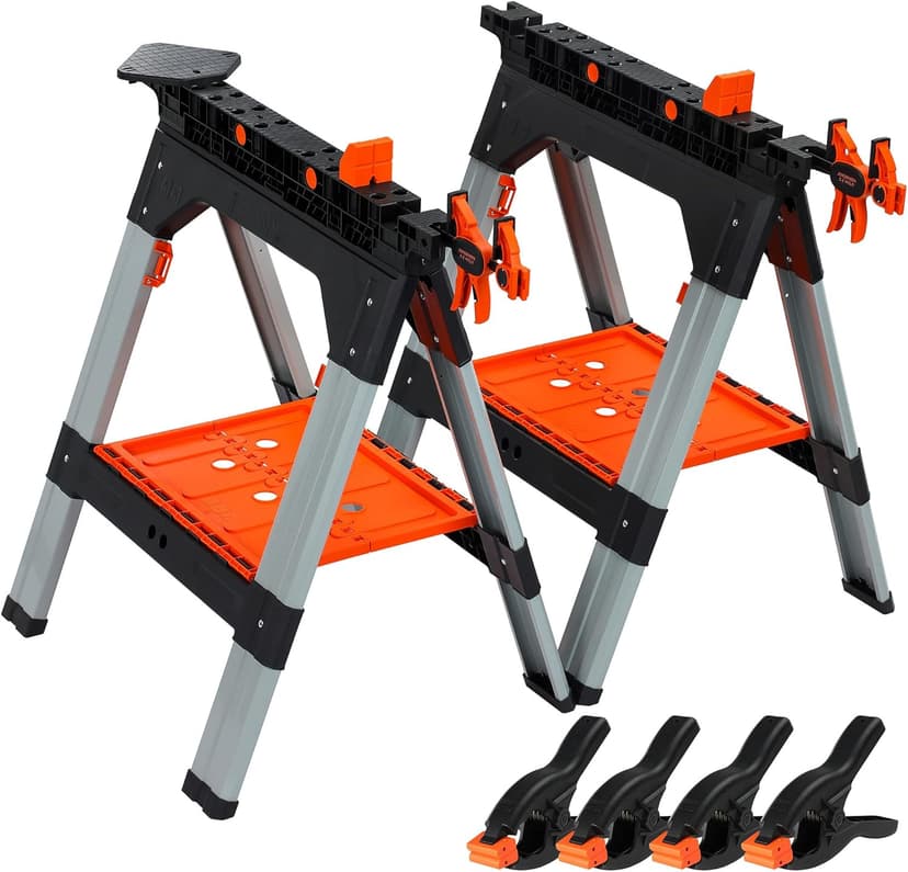 PONY 2-Pack Clamping Sawhorses, 1200 LBS Load Capacity, 30-3/4" Folding Sawhorse with 12” F Clamps, Bench Dogs, Angle Clamps, 2" Spring Clamps, Steel Legs, Heavy Duty for Woodworking