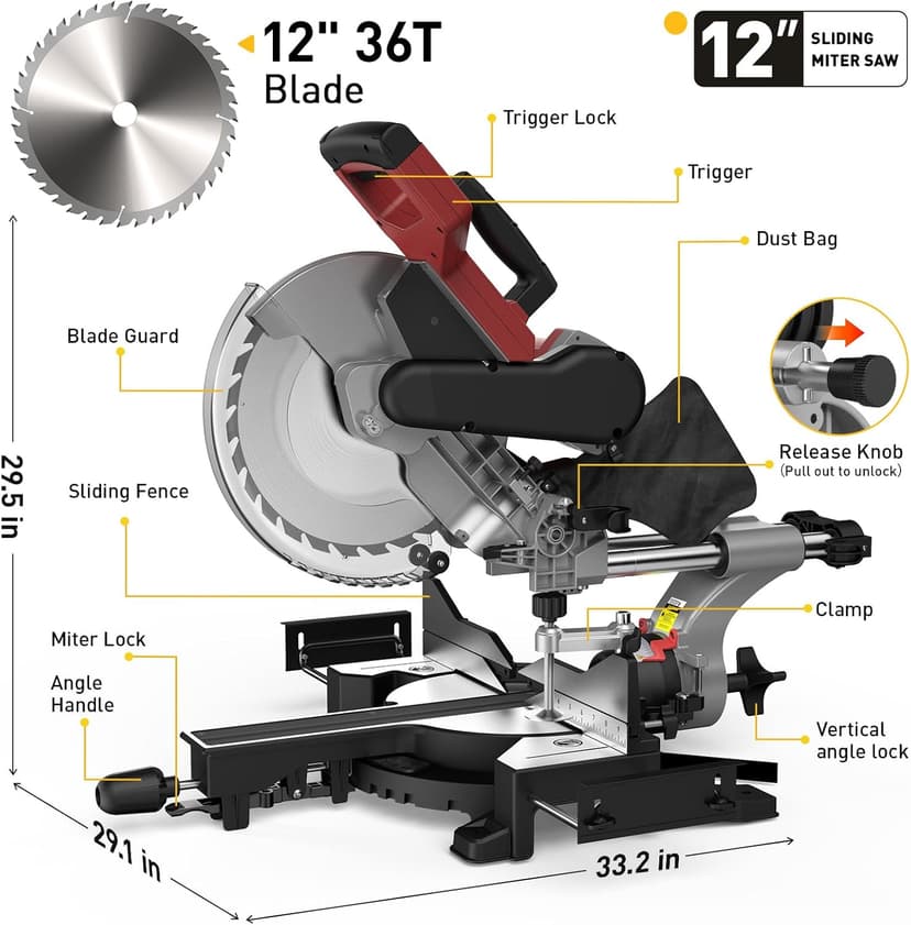 12-Inch Dual-Bevel Sliding Compound Miter Saw, 3800RPM, 15 Amp, Single Bevel 0-45° with Extension Table, 36T Blade, Power Saw for Metal, Plastic, Wood, Laminates