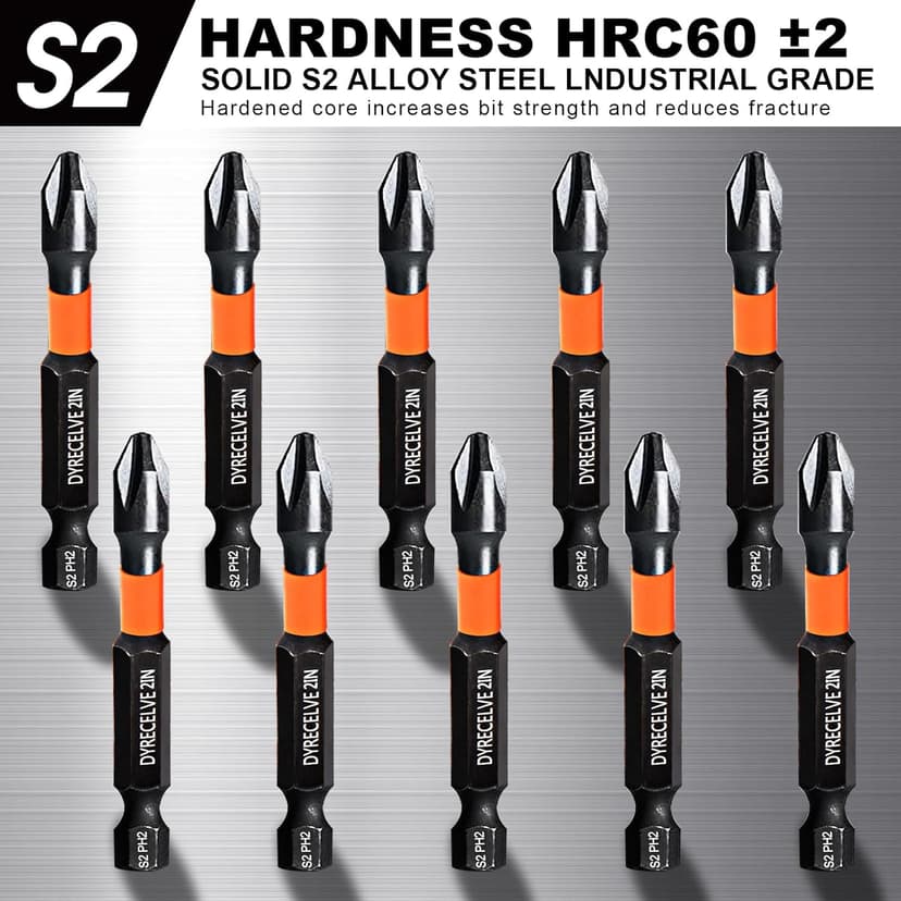 10-Pack Phillips Bits #2 Impact, 2-Inch Magnetic Phillips Head Drill & Screwdriver Bits, PH2 Premium S2 Steel 1/4" Hex Shank for Impact Drivers, Professional & DIY Use