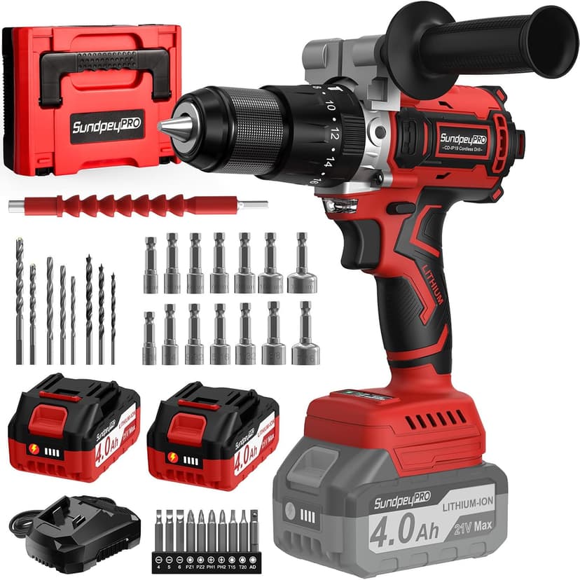 1060In·lbs Cordless Drill Driver - 20+3 Torque Brushless Hammer Drill with 2 x 4.0Ah Battery & Fast Charger - 21V Electric Power Drills Set with 2 Speeds & 1/2 Inch Self-locking Metal Chuck