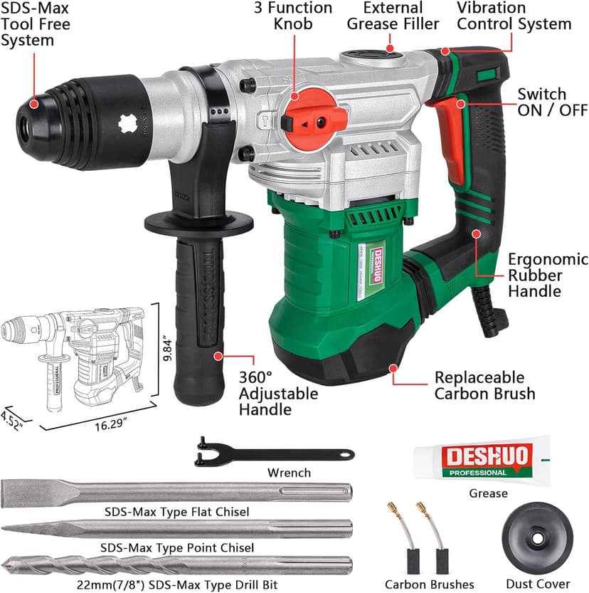1-1/2" SDS-Max Heavy Duty Rotary Hammer Drill,12.5 Amp 3 Functions Corded Vibration Control Demolition Rotomartillo with Safety Clutch for Concrete,Includes 1 Drill Bits,2 Chisels,Carrying Case