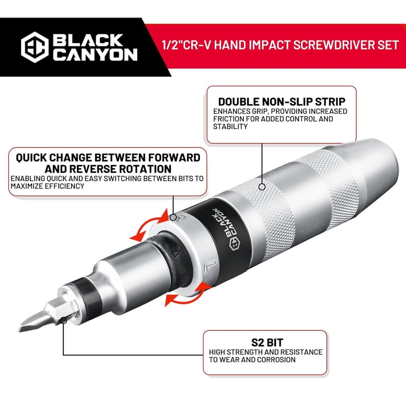 BLACK CANYON 1/2" S2 Hand Impact Screwdriver, 12-Pieces Tip Styles Slotted, Phillips, Hex, Manual Reversible Impact Driver, Disengage Rusted Fasteners or Frozen Bolts, Ideal Hand Tool for Men, Dad