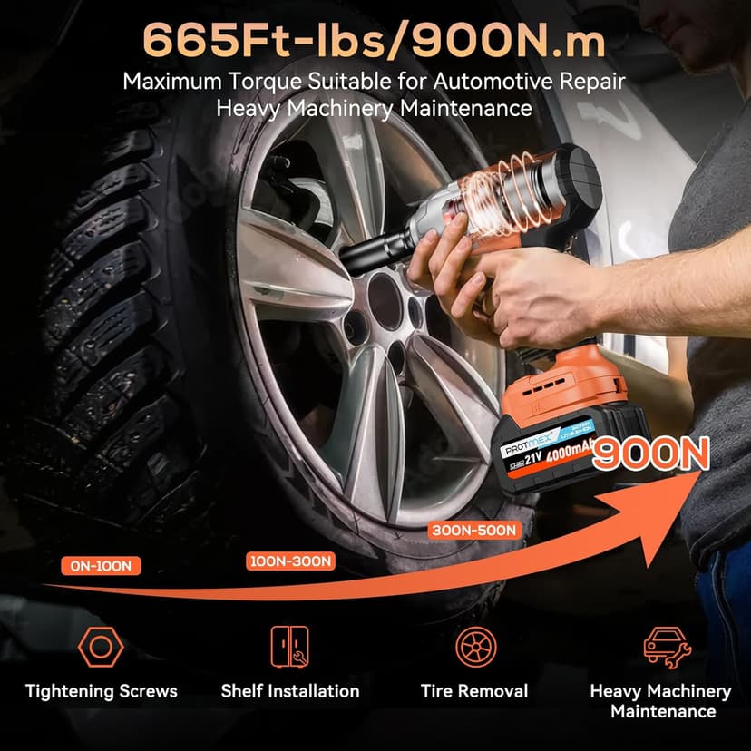 Cordless Impact Wrench, 665Ft-Ibs (900N.m) 1/2" Electric Impact Wrench, 21V Power Impact Drill with 2x 4.0Ah Battery, 6 Sockets, 8 Drill, 6 Screws, Impact Gun Variable Speeds for Car/Truck/Mower