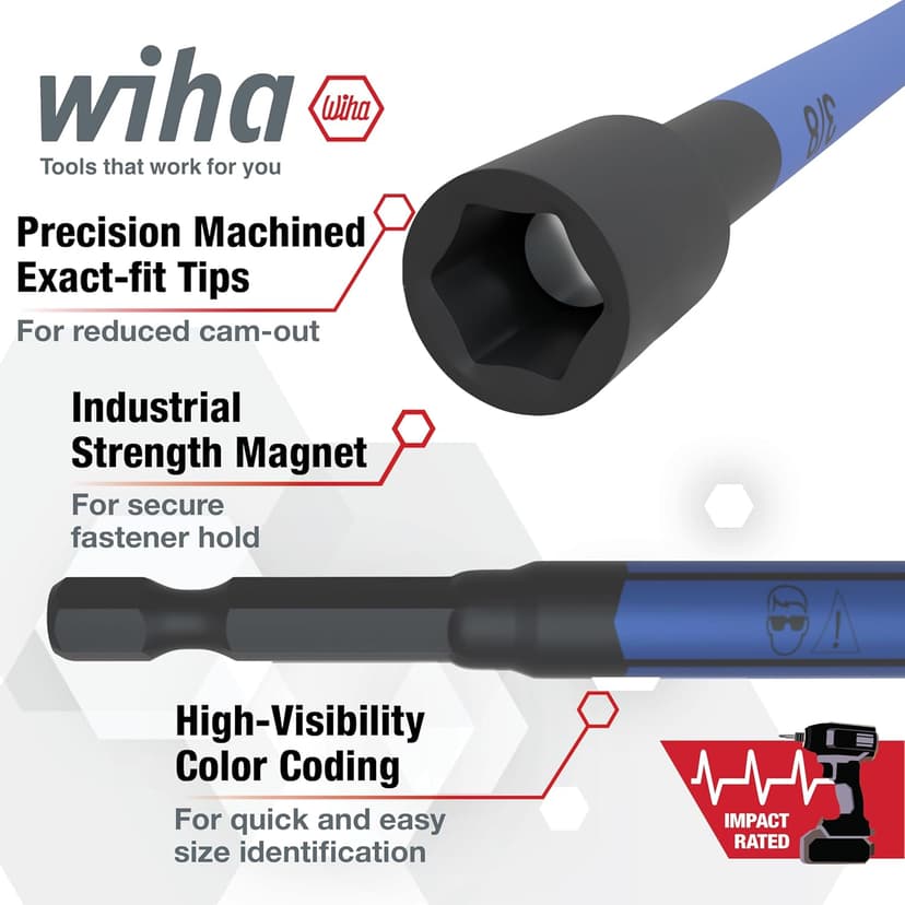 Wiha 70486 Color Coded Magnetic Nut Setter SAE 6 Pc. Set