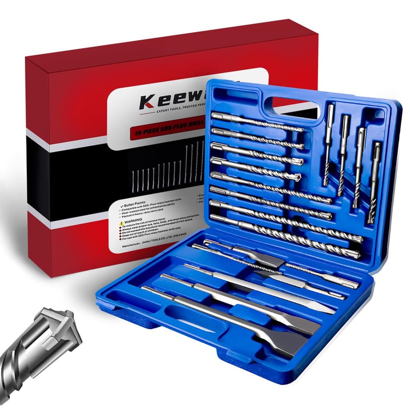 19-Piece SDS Plus Hammer Drill Bits for Concrete and Chisels Set, Cross Carbide Tip Masonry Drill Bit Set, Heavy-Duty Concrete Drill Bits for Brick & Stone, Storage Case Included