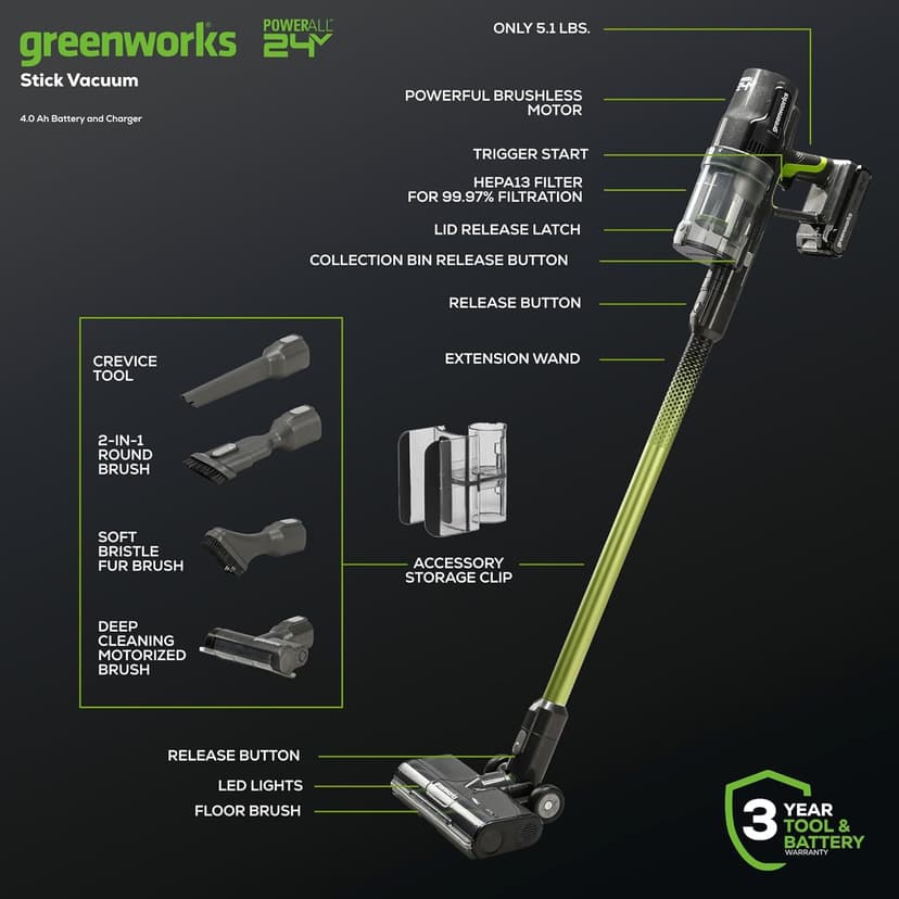 Greenworks 24V Brushless Cordless Stick Vacuum, Lightweight, Handheld, Pet, Anti-Allergen HEPA Filtration, Hard Floor, Carpet, Car, 4Ah Battery, and 30-Minute Charge Time (Green)