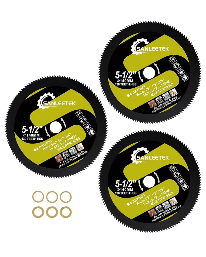 HSS Circular Saw Blade 5-1/2 Inch 130 Tooth SANLEETEK Cutting Plywood, OSB, Paneling, Vinyl Siding, Non-Ferrous Metals, Plastic, Copper, Aluminum with 5/8" Arbor, with 1/2" 3/8" Washer - 3 Pack