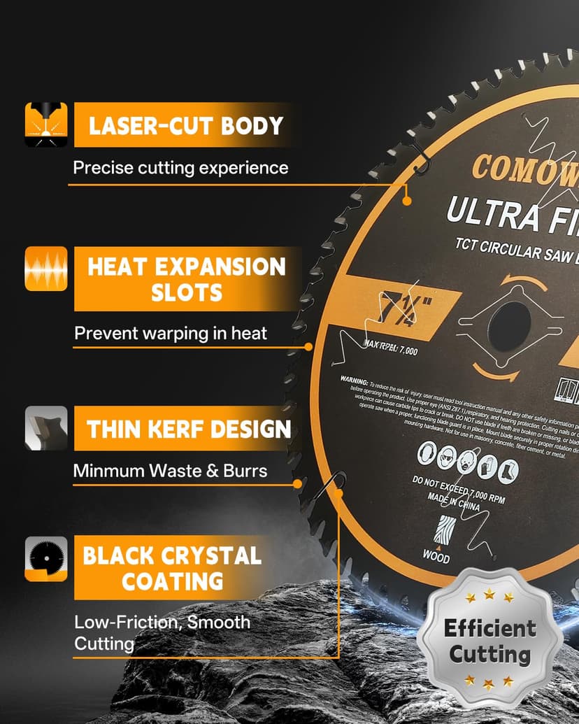 COMOWARE 7 1/4“ Circular Saw Blade, 60T ATB Circular Saw Blade, 5/8" Arbor, TCT Carbide-Tipped, Anti-Vibration, Teflon Anti-Stick, Miter Saws Blades for Wood, Laminate, Plywood & Hardwoods