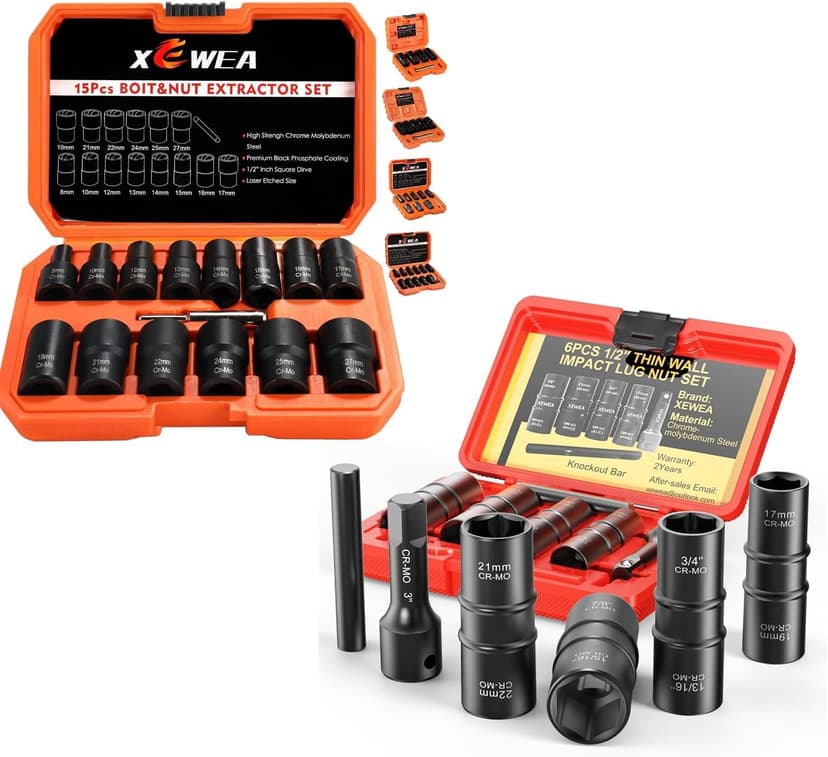 XEWEA 1/2" Drive 15PCS Lug Nut Remover and 6PCS Flip Impact Socket Set, Wheel Lock Removal Kit, Thin Wall Nut Sockets Easy Out Extractor Set for Damaged, Frozen, Rusted, Rounded-Off Bolts