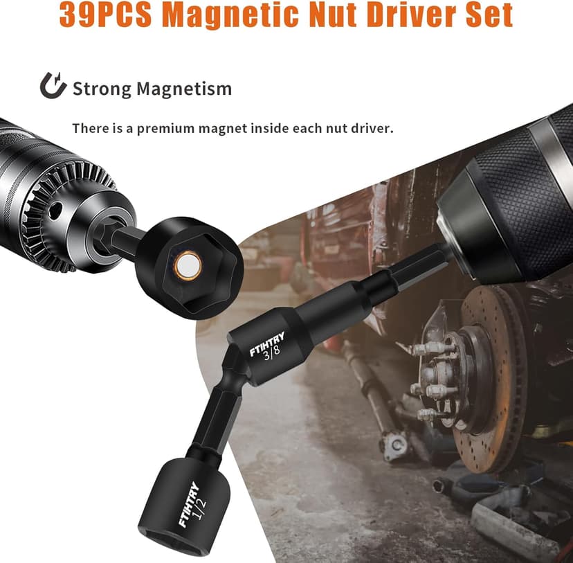 39Pcs Magnetic Nut Driver Set for Impact Drill, Metric & SAE Magnetic Impact Drill Driver Bit, 1/4" Hex Shank, Fully Magnetic Hex Nut Driver Drill Bit Master Kit, Black