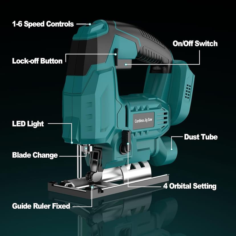 Jigsaw, Cordless Jig Saw Tool for Makita 18V Battery, Varible Speed, with LED Light, 0°-45° Bevel Cuts, 3-Position Orbital Jigsaw for Wood/PVC/Metal Cutting (Tool Only)