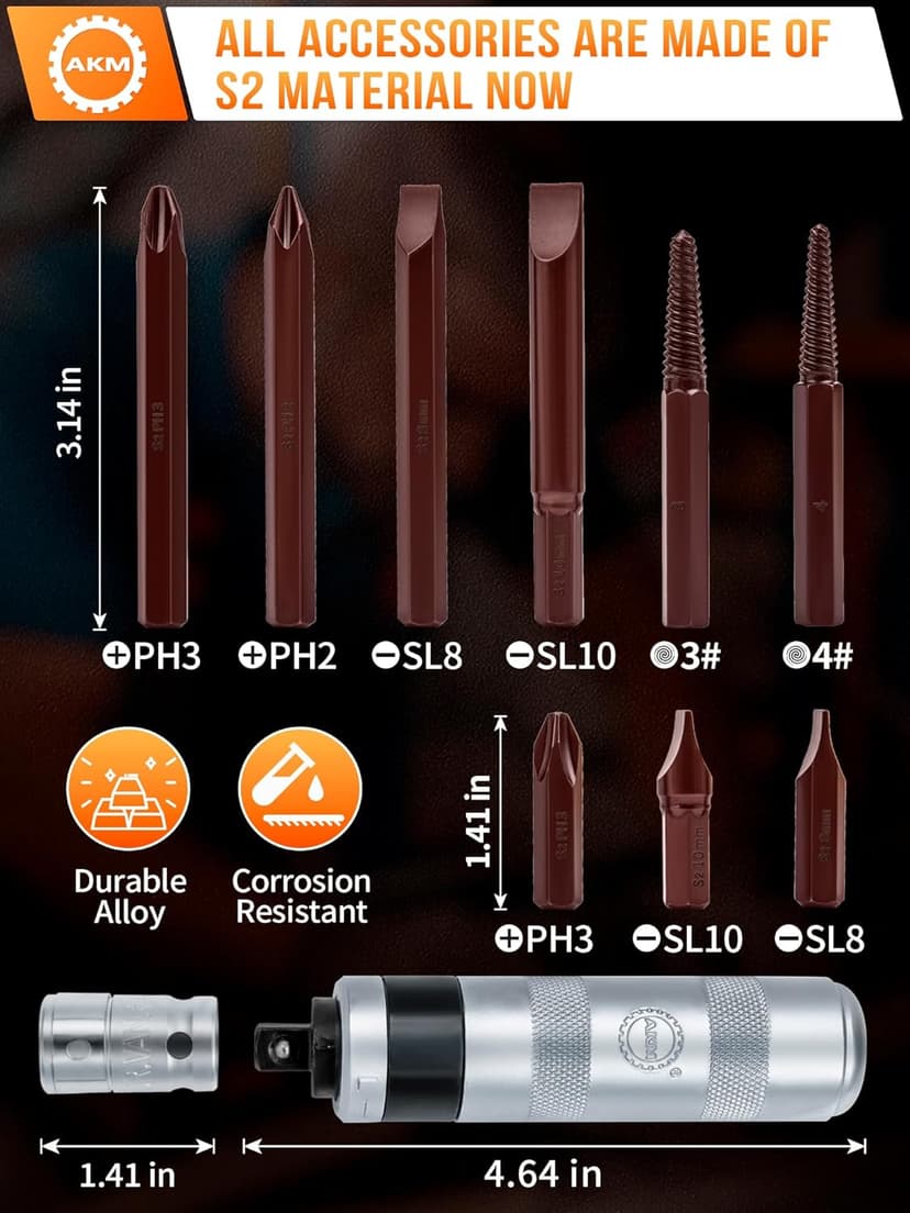 AKM 3/8" Hand Manual Reversible Impact Driver Set Extractor Impact Screwdriver S2 Steel Much More Durable Disengage Rusted Fasteners or Frozen Bolts