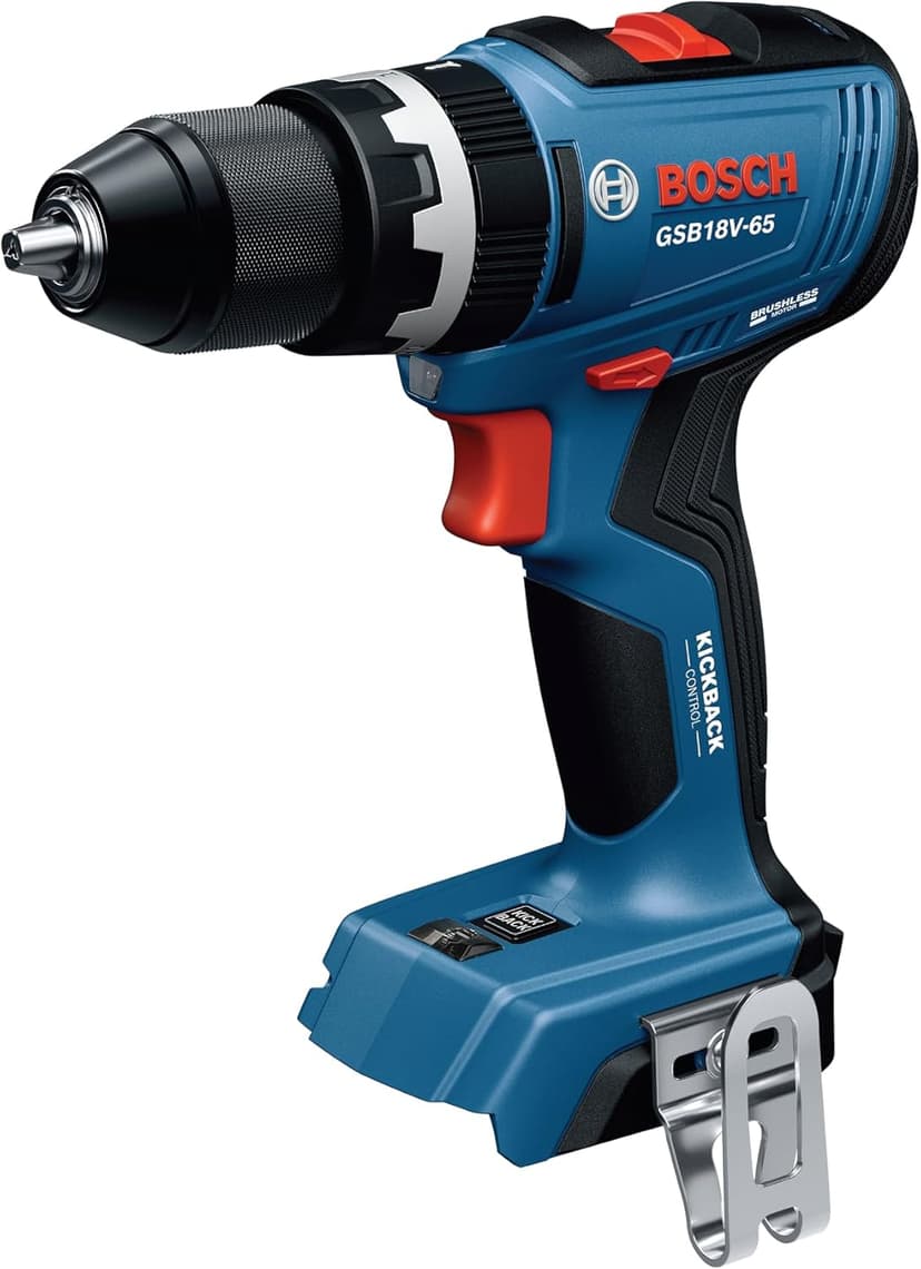 BOSCH GSB18V-65N 1/2 In. Brushless Hammer Drill/Driver - 575 In.-Lbs. Max Torque, Switchable KickBack Control, Rapid Mode Selector, Dual LED Worklights, All-Metal Chuck (Bare Tool)