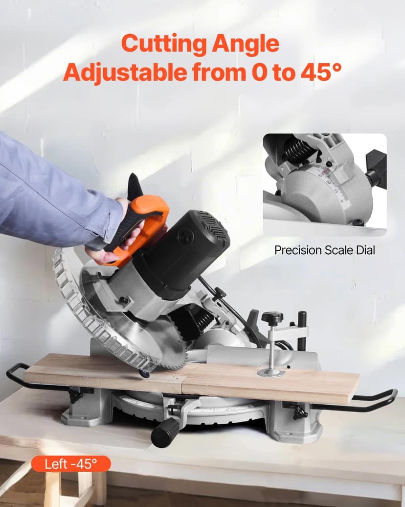 VEVOR Compound Miter Saw, 10-Inch Blade, 15 Amp Motor, 60-Tooth, Corded Single Bevel 0-45°, LED Precision Alignment, Angle Adjustable, Lightweight Cast Aluminum Base, for Wood, Composite Decking