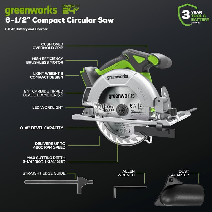 Greenworks 24V Circular Saw,Brushless 6-1/2"Battery Circular saw Cordless,4,800 RPM,Adjustable Cutting Depth 45°/90°,With 24V 2Ah Battery and Charger