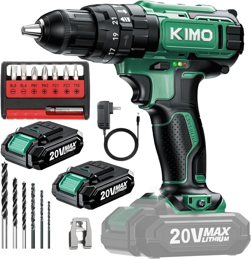 KIMO Hammer Drill - 20V 2X Battery Hammer Drill Cordless Drill Set, 350 In-lb Torque, 3/8" Keyless Chuck, 1350 RPM, 21+3 Position,14pcs Drill/Driver Bits, Power Drill Drivers for Concrete Brick Wall