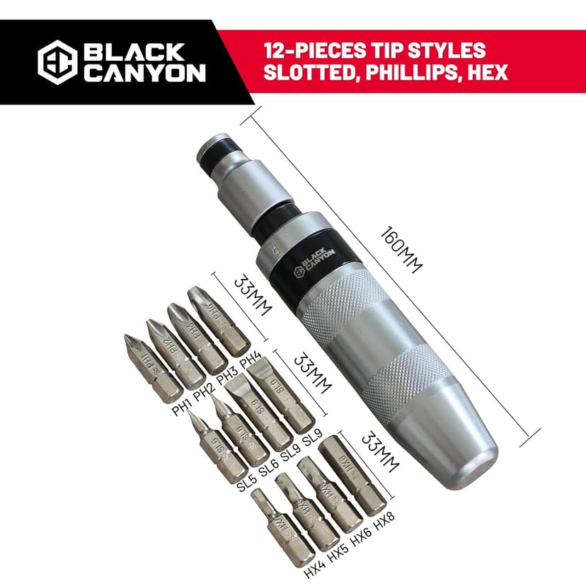 BLACK CANYON 1/2" S2 Hand Impact Screwdriver, 12-Pieces Tip Styles Slotted, Phillips, Hex, Manual Reversible Impact Driver, Disengage Rusted Fasteners or Frozen Bolts, Ideal Hand Tool for Men, Dad