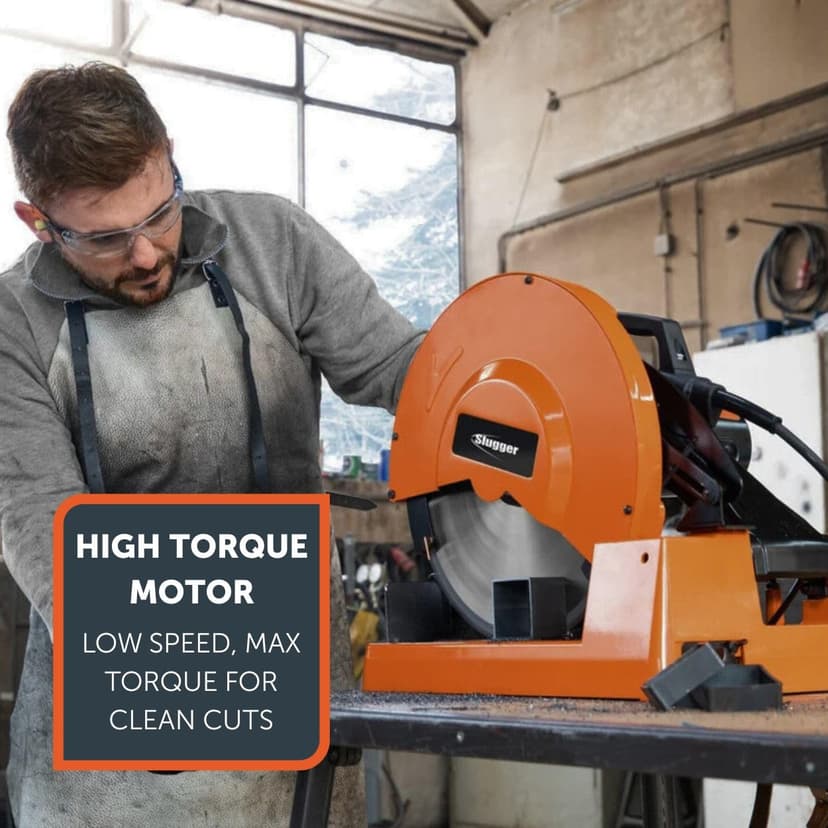 Slugger by Fein 14" Metal Cutting Saw - High Torque Low-Speed Motor, Precision Bevel Cuts, Cast Aluminum Base, Integrated Chip Collection, Ergonomic Handle - 72905361120