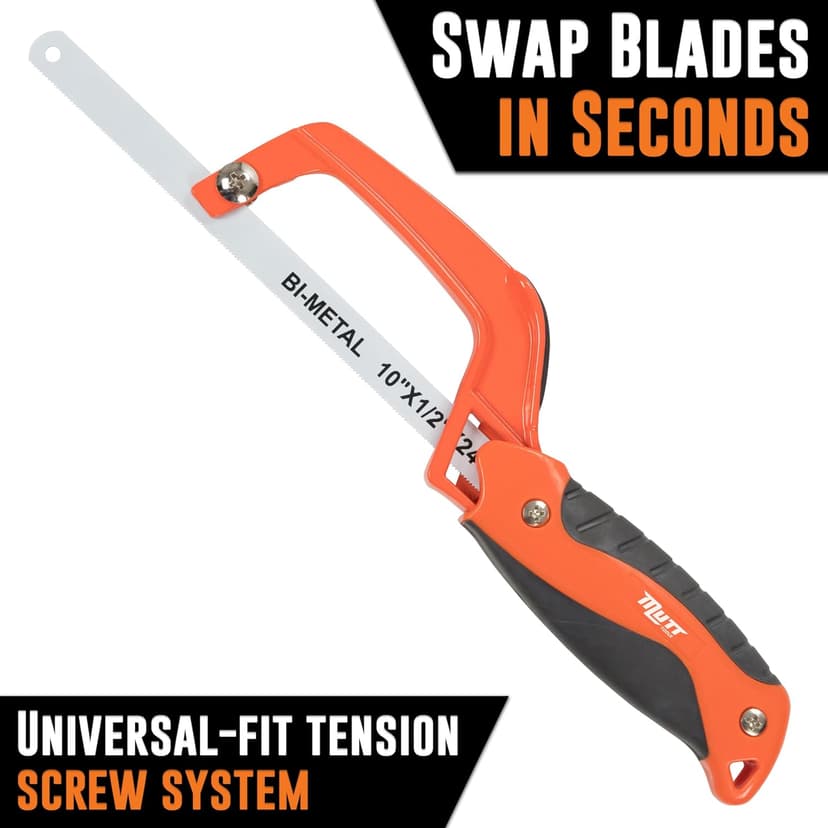 Mutt Tools Mini Hacksaw for Metal with 10-inch Bi-Metal Blade for Precision Cutting - Compatible with 10" and 12" Blades - Small Cutting Saw