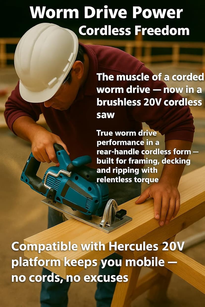 20V Brushless Cordless 7‑1/4″ Rear‑Handle Worm‑Drive Circular Saw – 2‑1/2″ Cut Depth at 90° – 725 Cuts per Charge with 12Ah Battery (sold separately) – Compatible with HERCULES 20V System